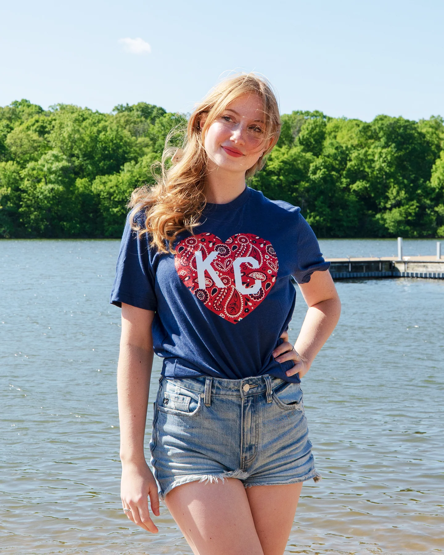 Bandana Print KC Heart Heather Navy T-Shirt - Image 2