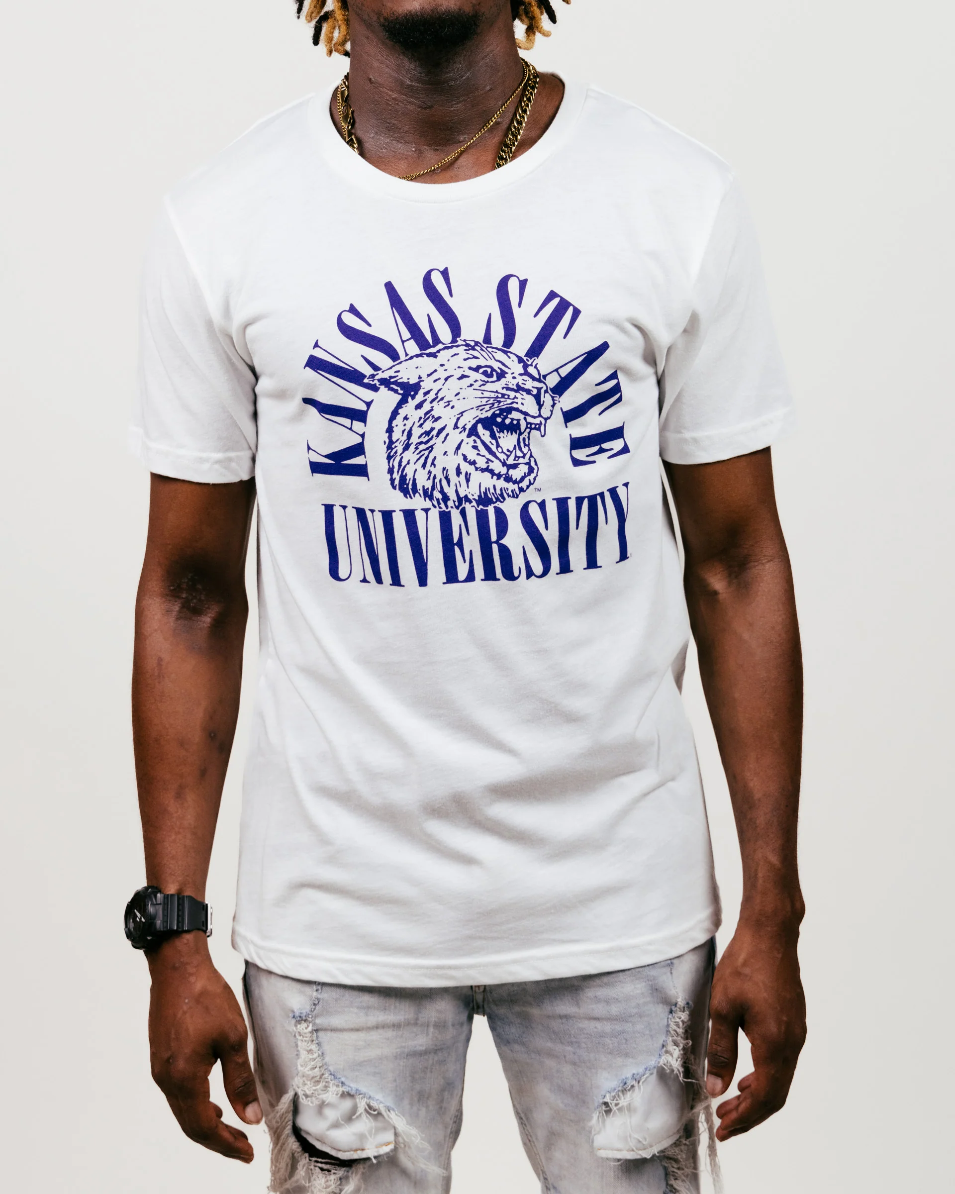Kansas State Power Cat Arch Vintage White T-Shirt - Image 2