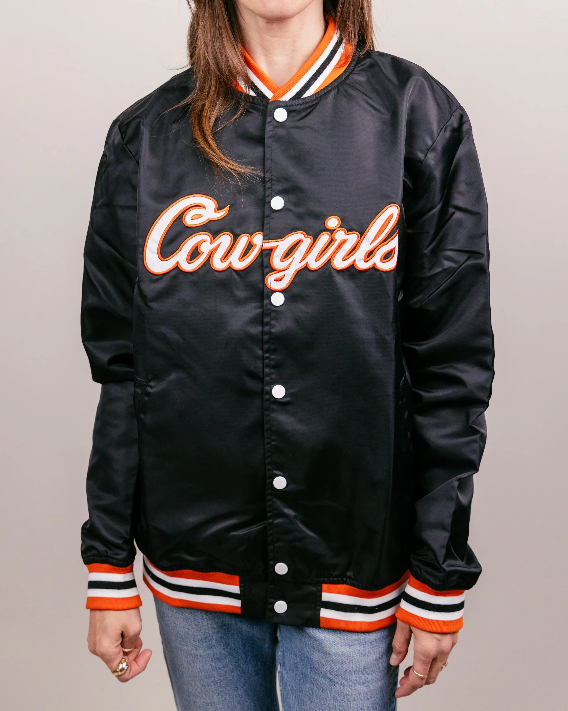 OSU Cowgirls Script Black Letterman Jacket - Image 2